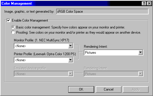 Dialog box used for basic color management